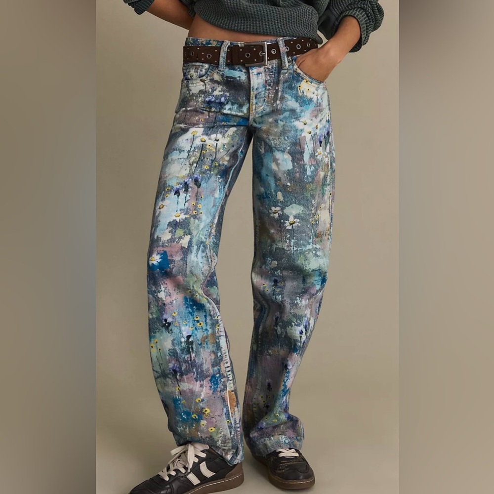 Free People Multicolor Painted Wide-Leg Jeans in Blue, Green, Purple